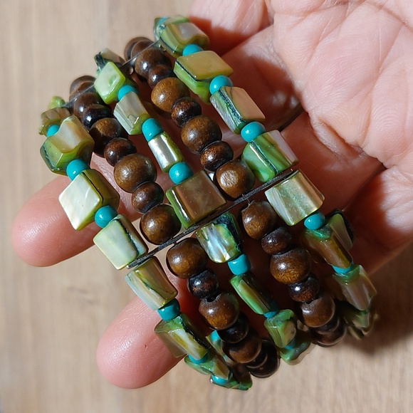 Green Brown MOP Shell and Wood Beaded Wires Wide Cuff Bracelet - Picture 3 of 6